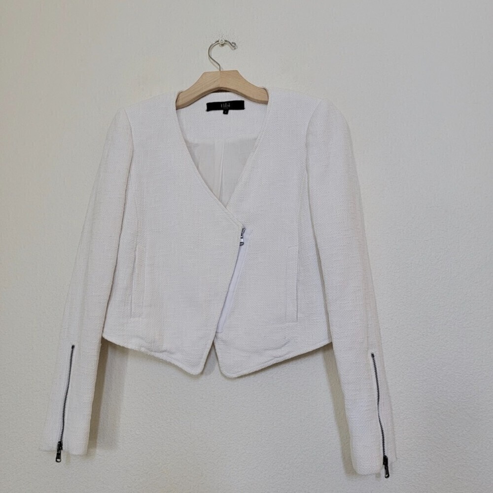 TIBI NY 100% Cotton Cropped Asymmetrical Knit Moto Jacket White 6 Quirt Luxury - Picture 3 of 16
